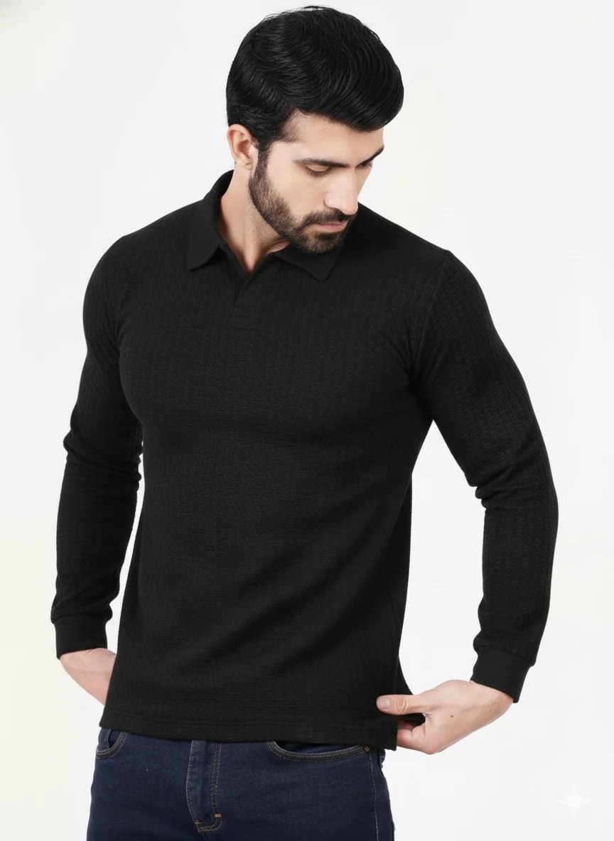 Men’s Black Textured Long-Sleeve Polo Shirt
